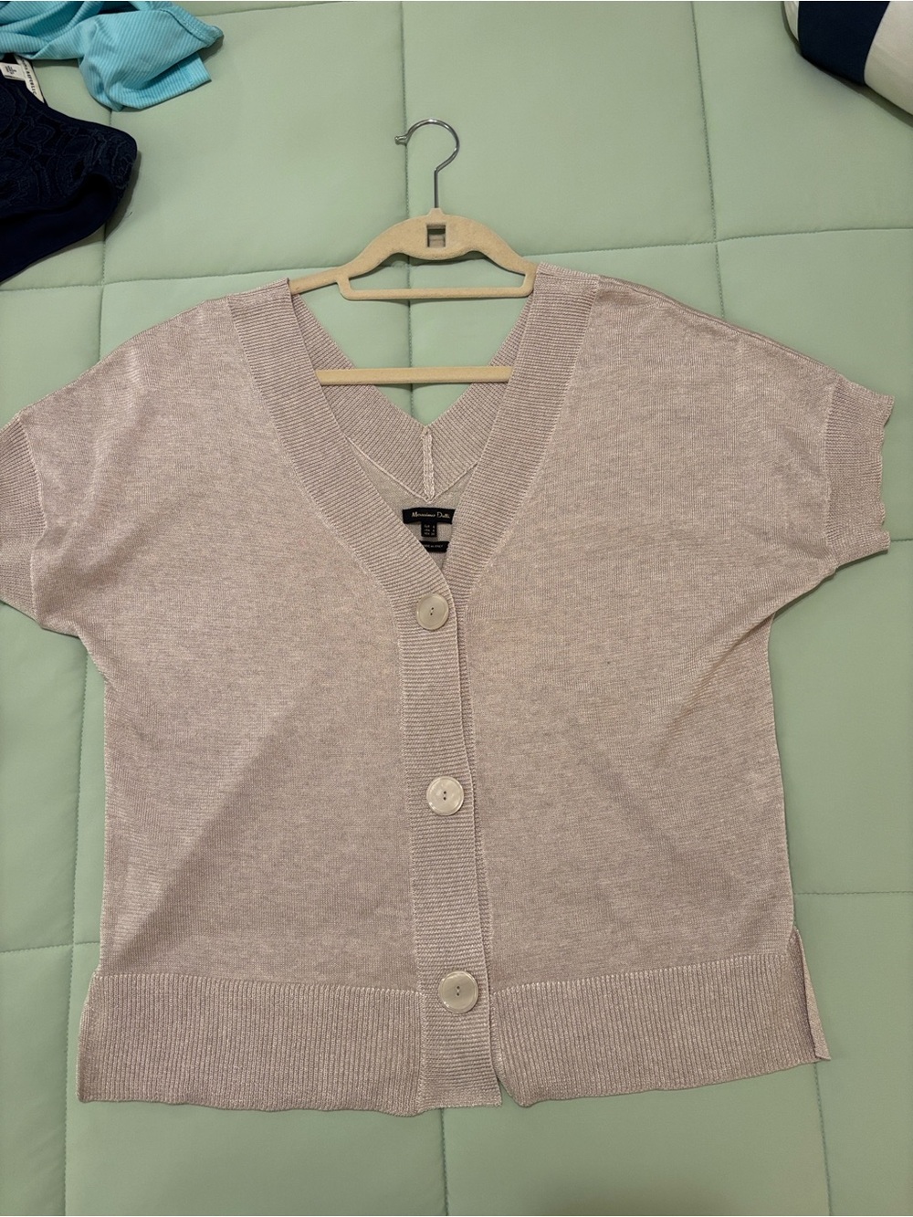Massimo Dutti Short Sleeve V-Neck Button Cardigan - Light Taupe